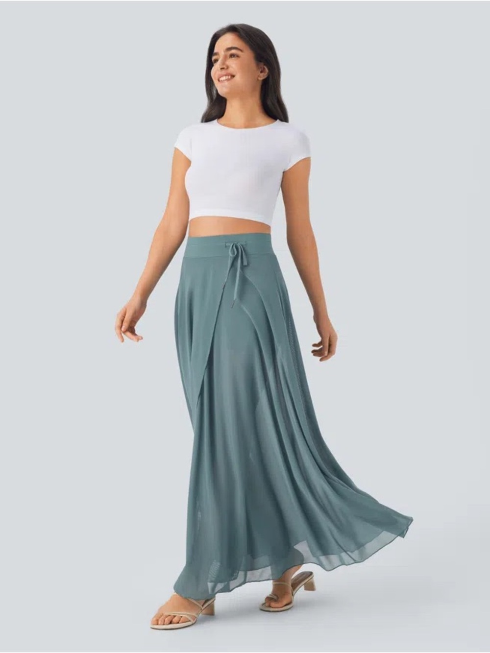 HALARA Women's High Waisted Mineral Blue Flowing Maxi Skirt with Waist Tie - Picture 8 of 8